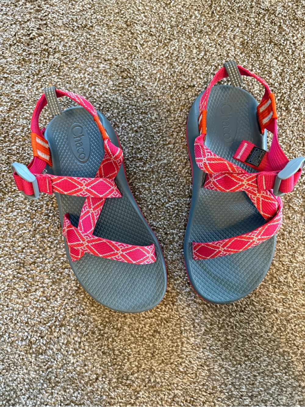 Chaco Kids Pink Patterned Webbing Sandals with Gray Footbed and Orange Accents